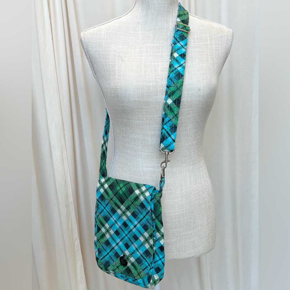 Handmade Blue and Green Plaid Adjustable Strap Crossbody Purse